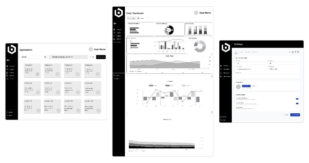 First Wireframe Explorations — Applications, Daily Dashboard, and Settings views