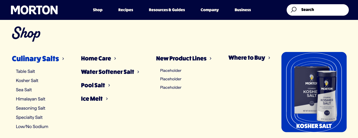 Morton Salt supermenu — Shop dropdown showing Culinary Salts, Home Care, New Product Lines and featured tile