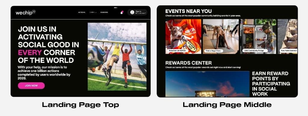 Landing page top and middle mockups
