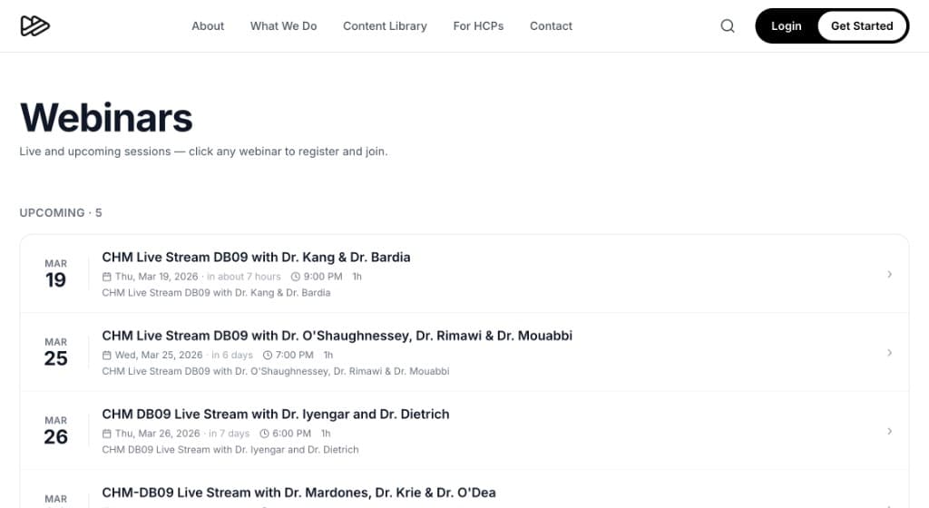 Webinars page — upcoming live sessions with registration